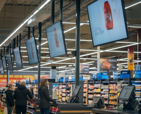 TV com promoções no caixa do supermercado
